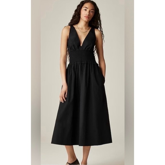J. Crew Factory Dresses & Skirts - NEW J.Crew Plunge Smocked-Waist Dress Cotton Poplin Black Womens Medium